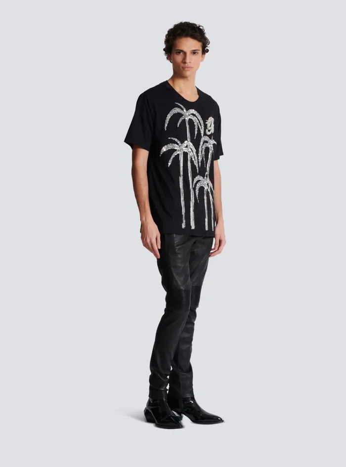 Palm Tree Embroidered Tshirt Black Men Balmain TShirts