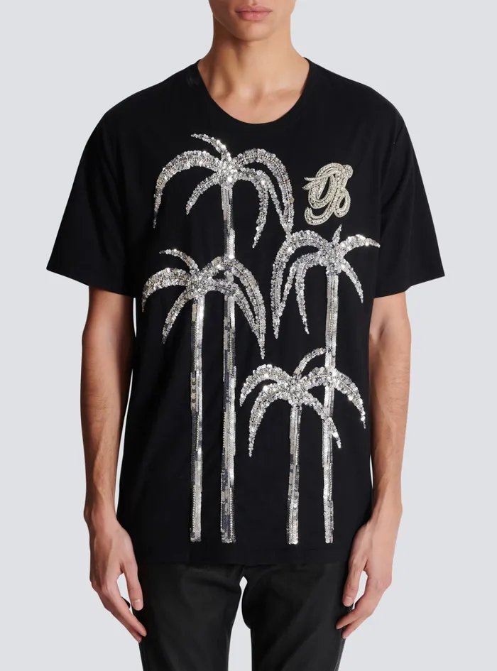 Palm Tree Embroidered Tshirt Black Men Balmain TShirts