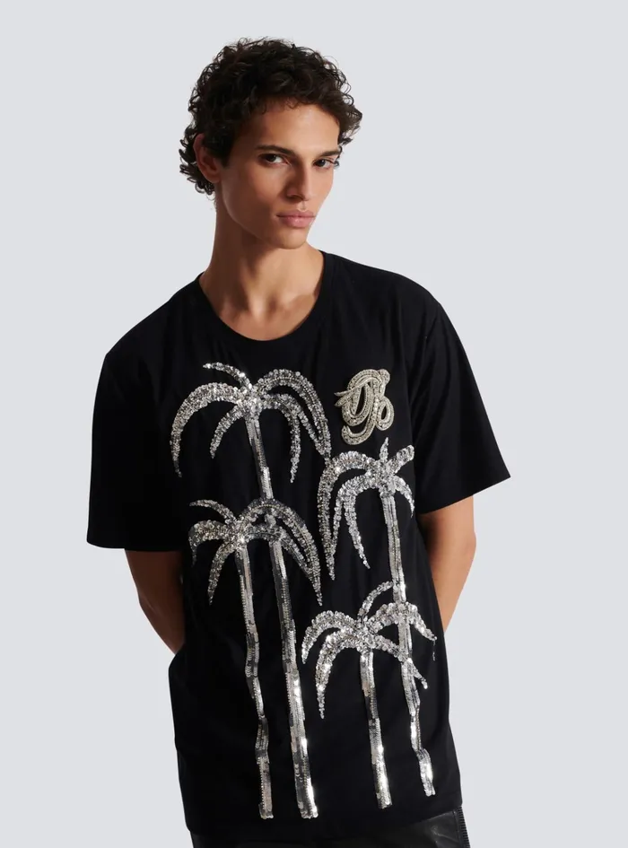 Palm Tree Embroidered Tshirt Black Men Balmain TShirts