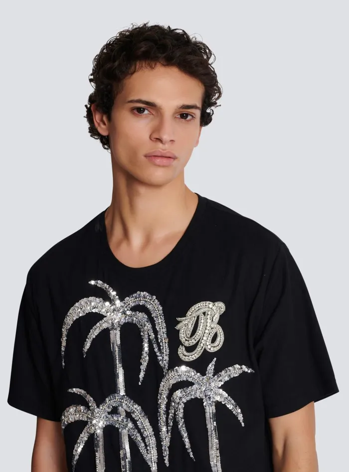 Palm Tree Embroidered Tshirt Black Men Balmain TShirts