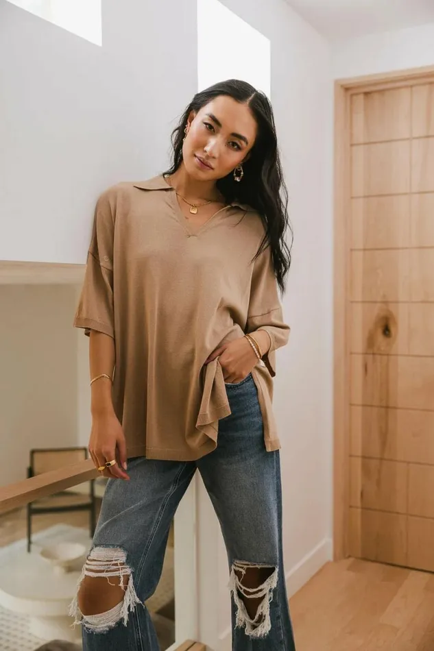 Palmer Oversized Top Beige Women Bohme Tees and Tanks