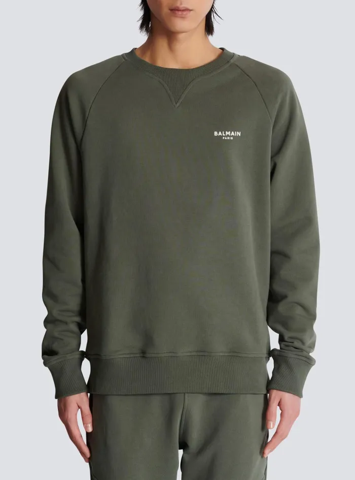 Paris Flocked Sweatshirt Khaki Men Balmain Sweatshirts