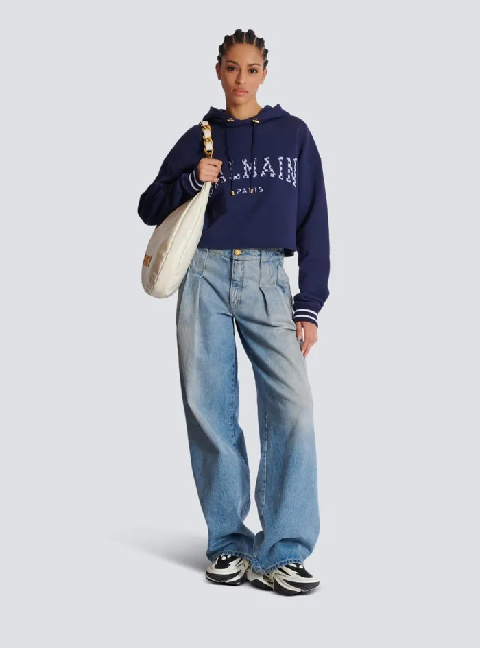 Paris Gingham Hoodie Navy Women Balmain Sweatshirts