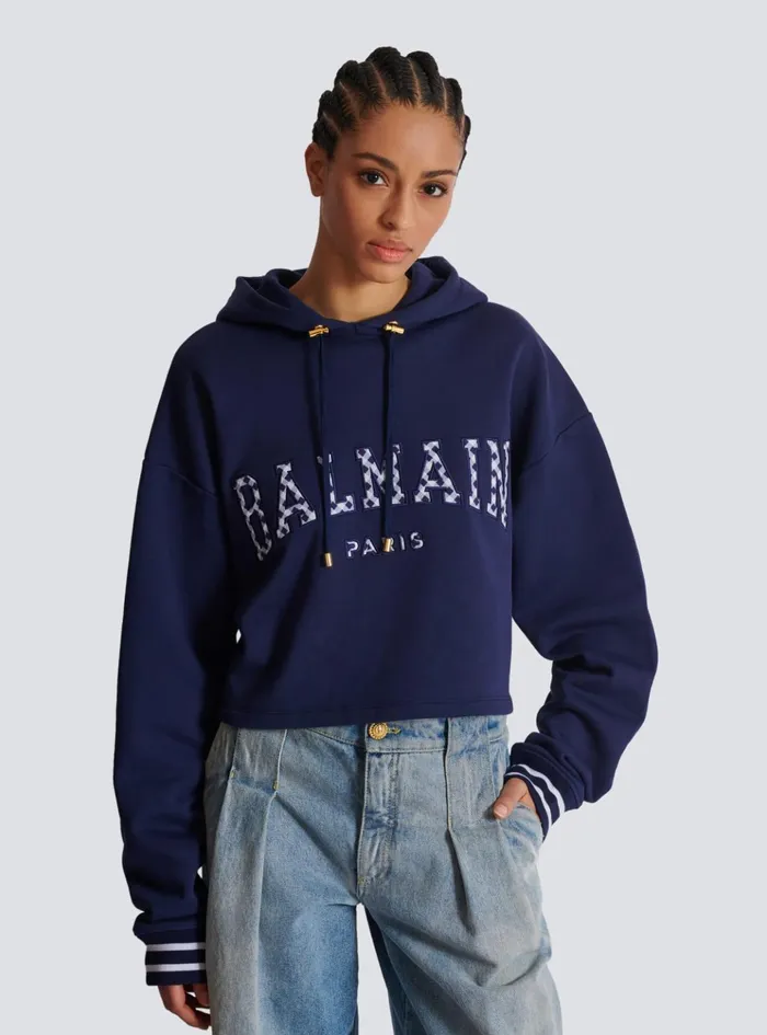Paris Gingham Hoodie Navy Women Balmain Sweatshirts