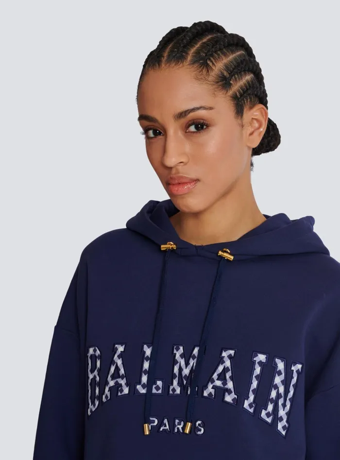 Paris Gingham Hoodie Navy Women Balmain Sweatshirts