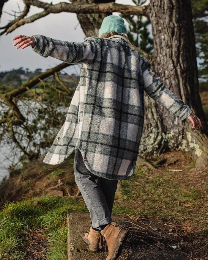 Passenger Clothing Cloudy Recycled DeepPile Sherpa Fleece Shirt Pistachio Check Women Fleece