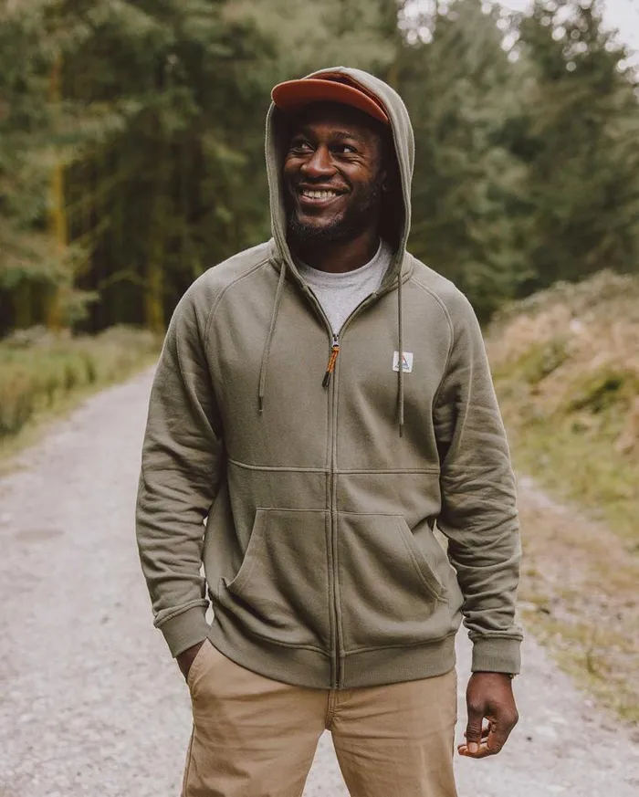 Passenger Clothing Heritage Full Zip Recycled Cotton Hoodie Dusty Olive Men Hoodies and Sweatshirts