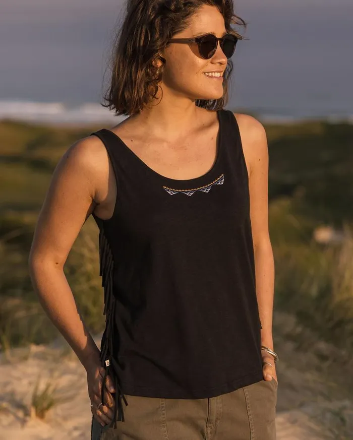 Passenger Clothing Poppy Recycled Cotton Tassel Vest Black Women Tops and TShirts