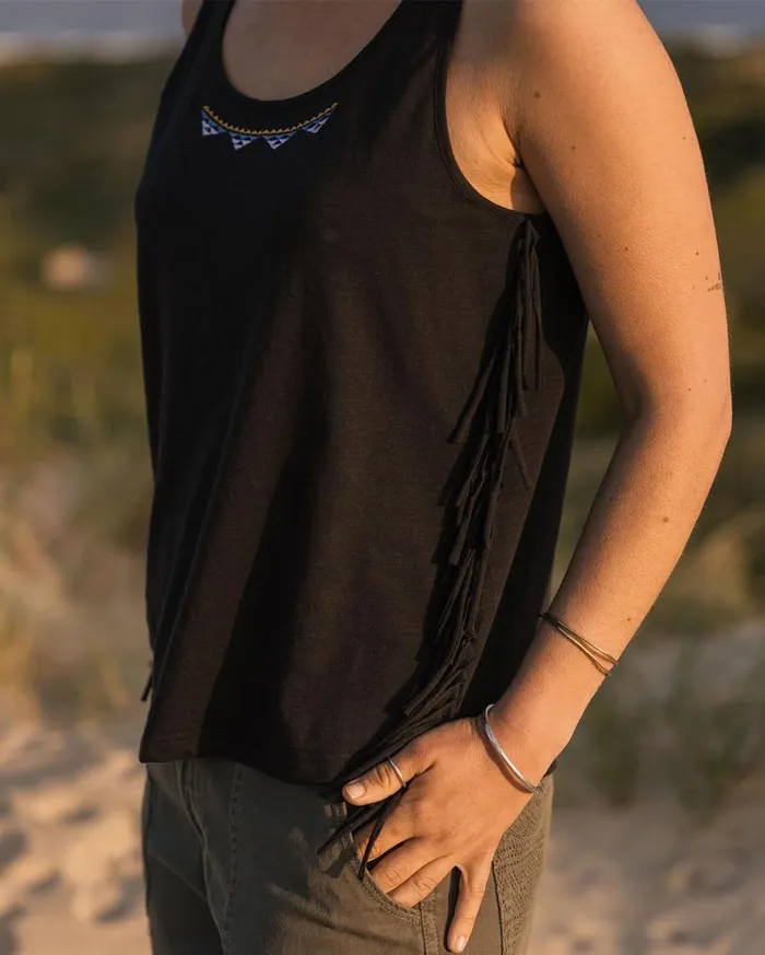 Passenger Clothing Poppy Recycled Cotton Tassel Vest Black Women Tops and TShirts