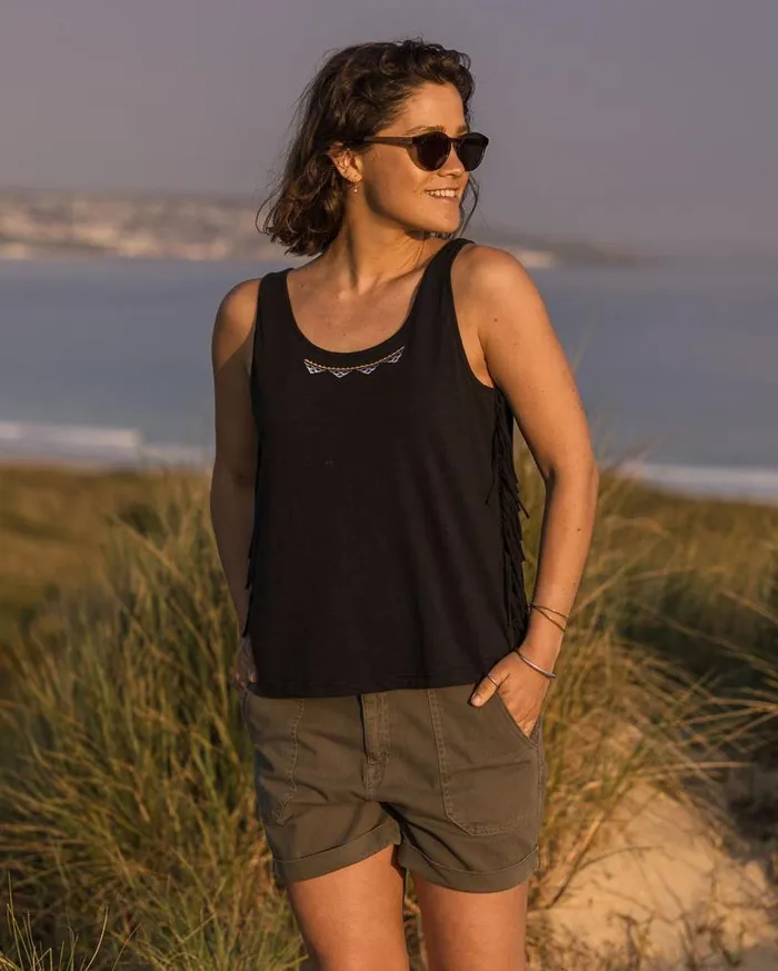 Passenger Clothing Poppy Recycled Cotton Tassel Vest Black Women Tops and TShirts