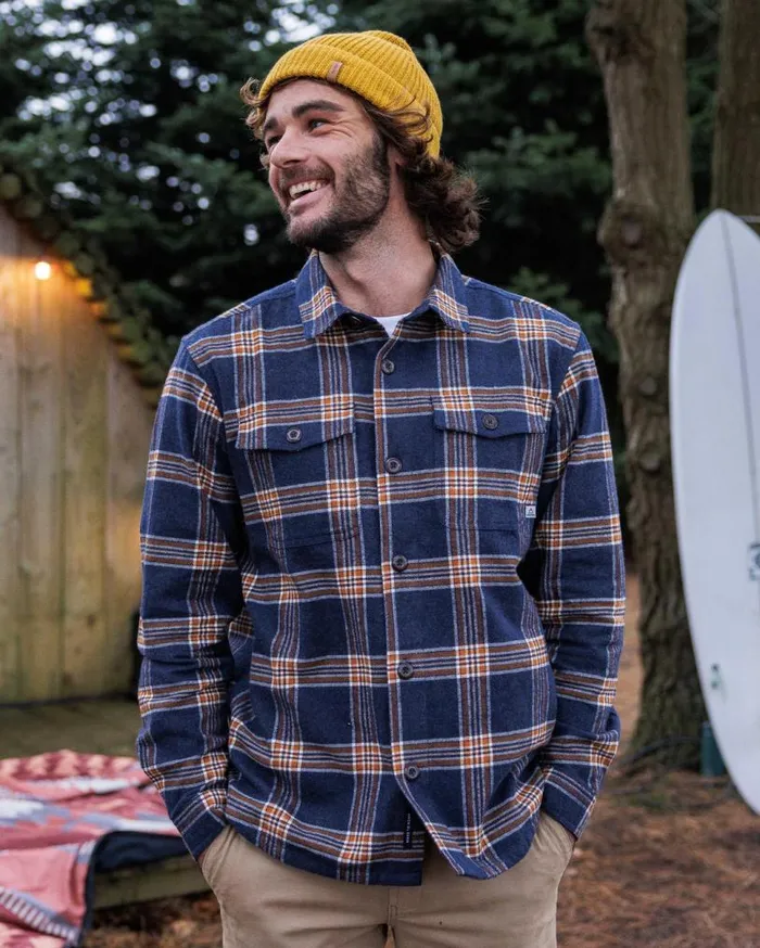 Passenger Clothing Rustic Organic Cotton Heavyweight Overshirt Rich Navy Check Men Shirts