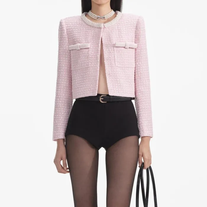 Pink Boucle Pearl Trim Jacket Women Self Portrait Outerwear Pink Boucle Pearl Trim Jacket Women Self Portrait Outerwear