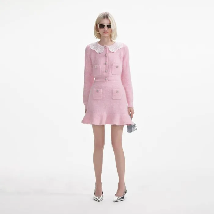 Pink Fluffy Rib Knit Mini Skirt Women Self Portrait Knitwear