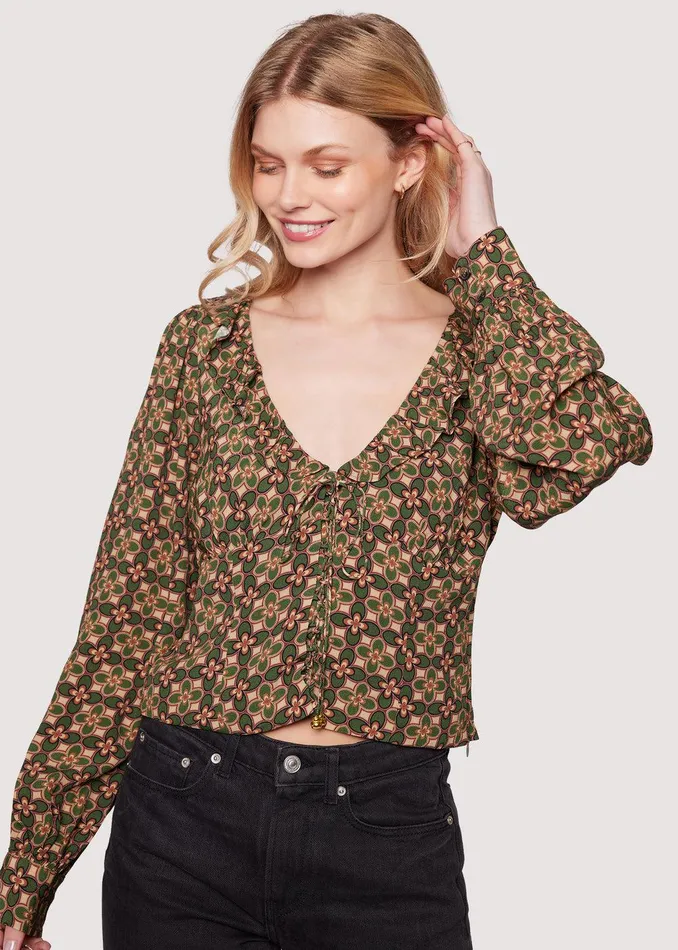 Pinnate Leaves Top Olive Women Lost Wander Tops