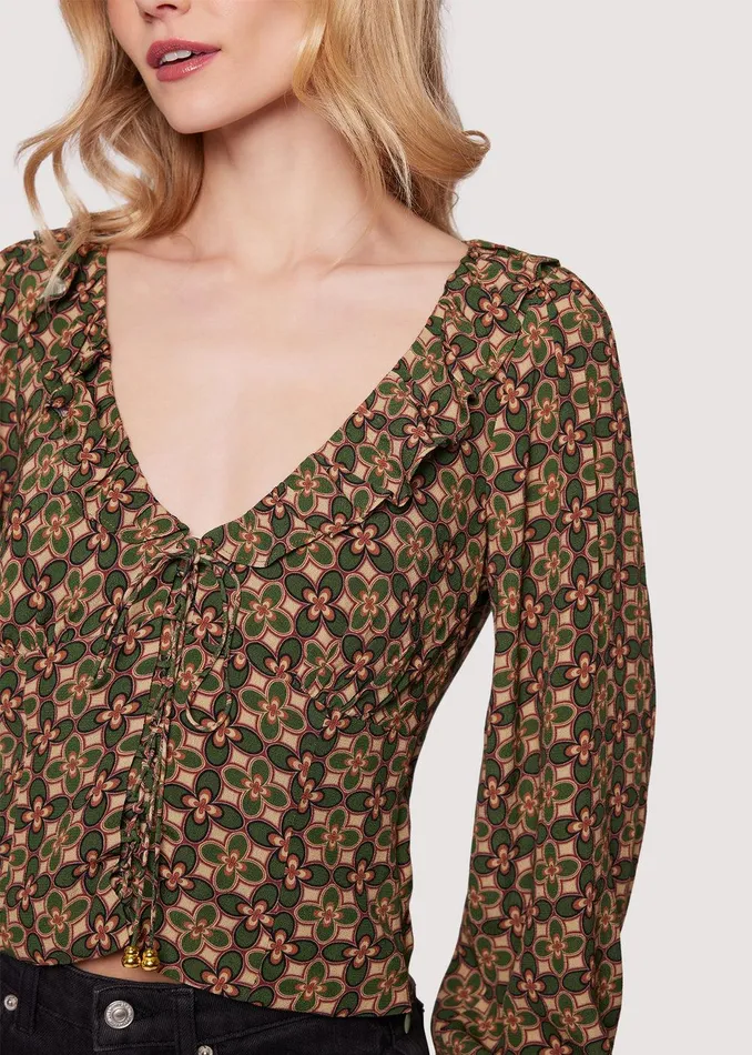 Pinnate Leaves Top Olive Women Lost Wander Tops