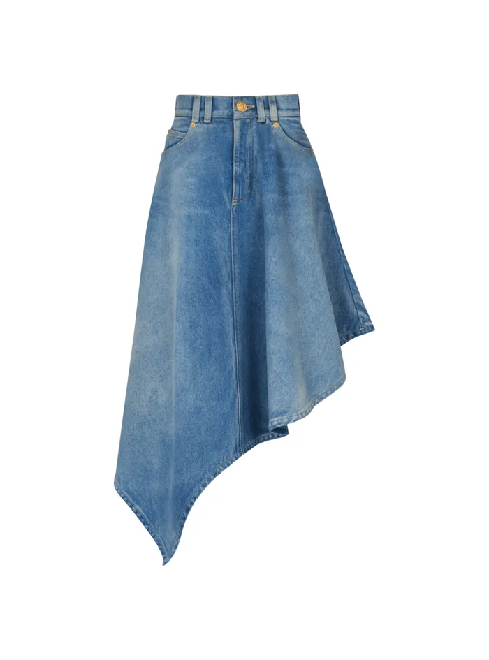 Pleated Asymmetric Denim Skirt Blue Women Balmain Denim
