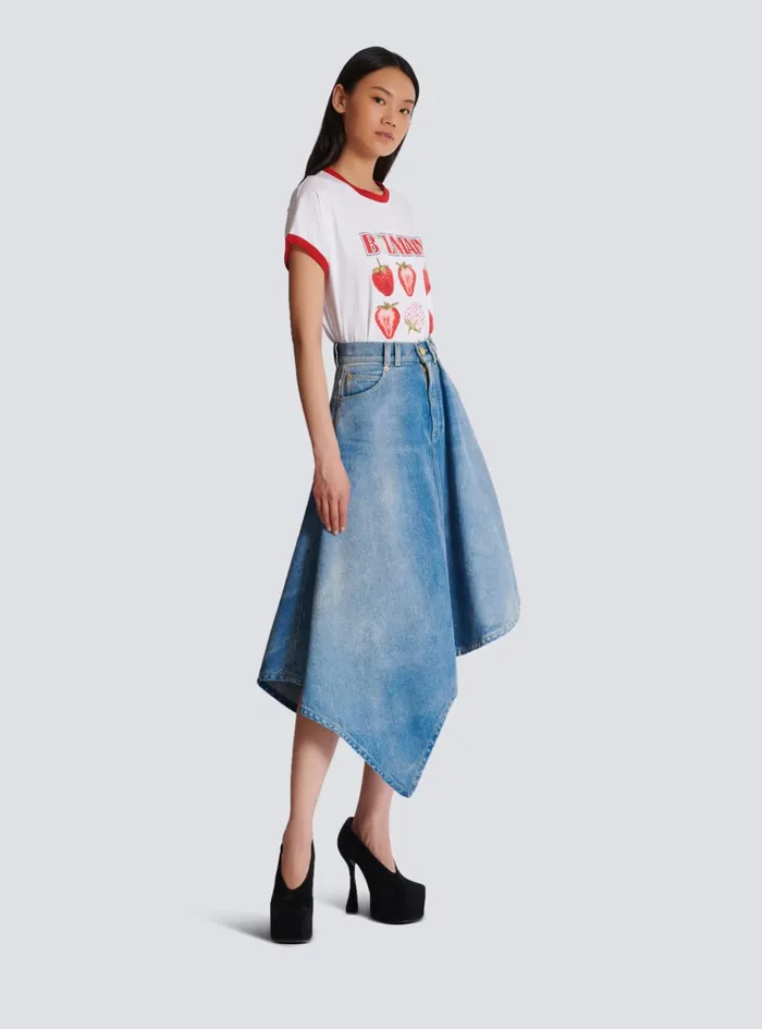 Pleated Asymmetric Denim Skirt Blue Women Balmain Denim
