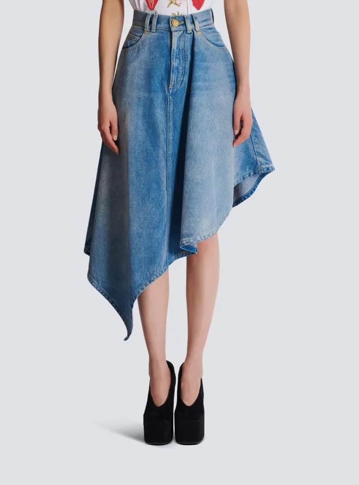 Pleated Asymmetric Denim Skirt Blue Women Balmain Denim
