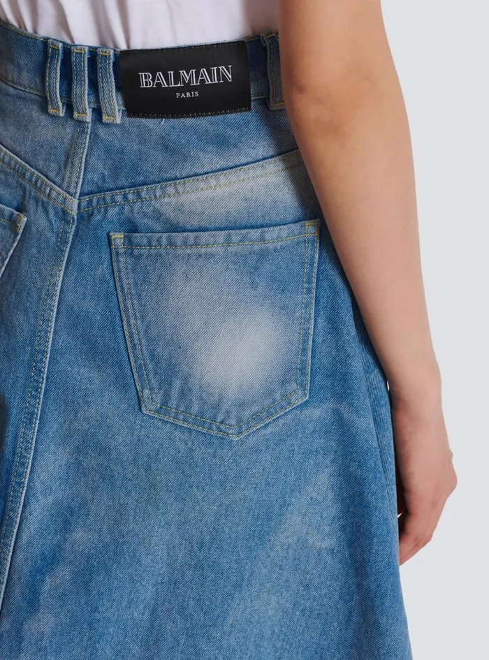 Pleated Asymmetric Denim Skirt Blue Women Balmain Denim