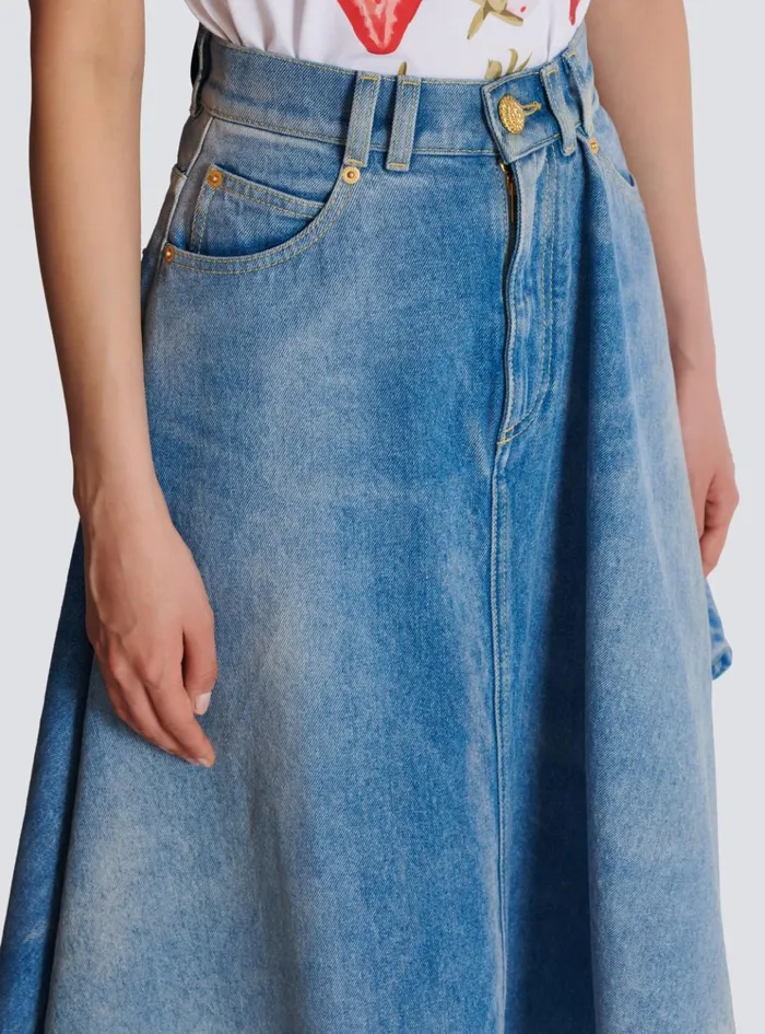 Pleated Asymmetric Denim Skirt Blue Women Balmain Denim