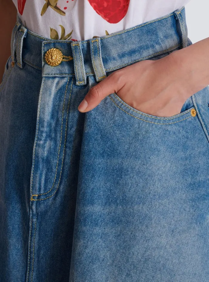 Pleated Asymmetric Denim Skirt Blue Women Balmain Denim