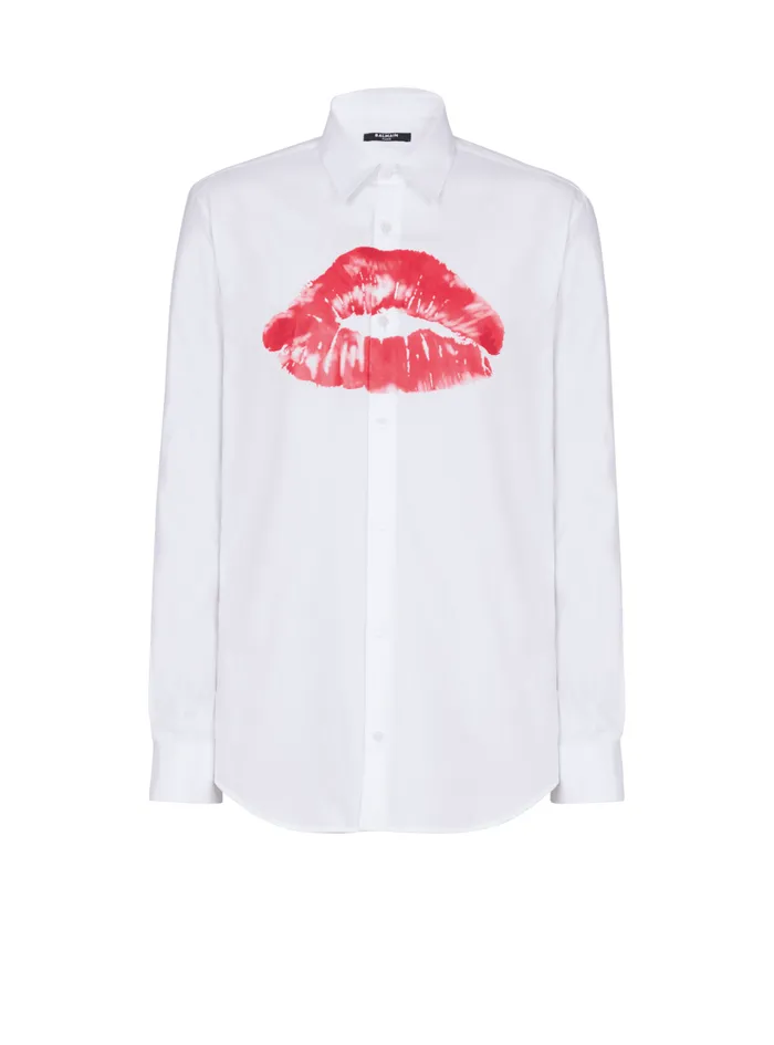Poplin Shirt With Kiss Print White Men Balmain Shirts And Polos