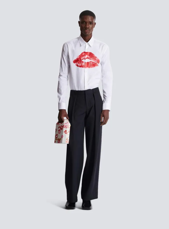 Poplin Shirt With Kiss Print White Men Balmain Shirts And Polos