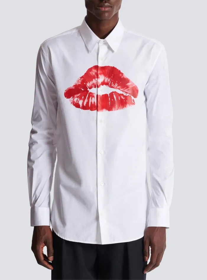 Poplin Shirt With Kiss Print White Men Balmain Shirts And Polos