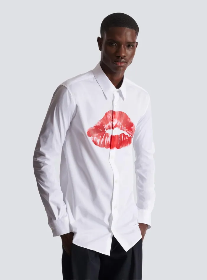 Poplin Shirt With Kiss Print White Men Balmain Shirts And Polos