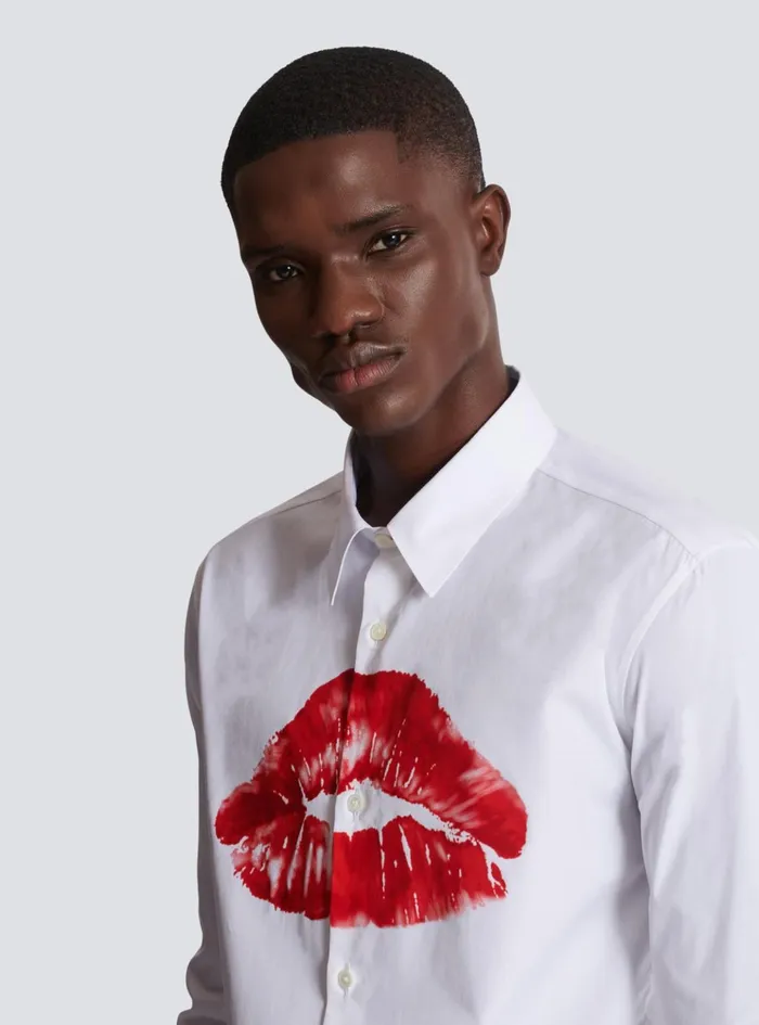 Poplin Shirt With Kiss Print White Men Balmain Shirts And Polos