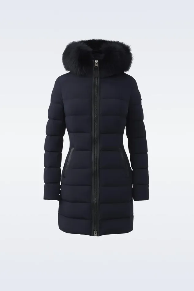 Puffers Women Mackage CALLA Agile360 Stretch Light Down Coat With Blue Fox Fur Collar Black