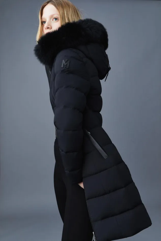 Puffers Women Mackage CALLA Agile360 Stretch Light Down Coat With Blue Fox Fur Collar Black