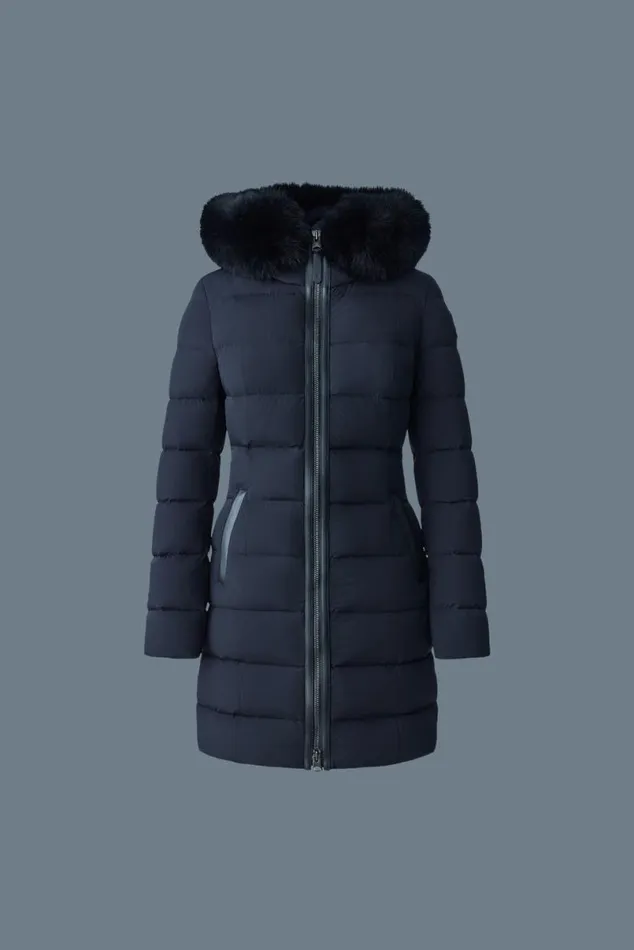 Puffers Women Mackage CALLA Agile360 Stretch Light Down Coat With Blue Fox Fur Collar Black