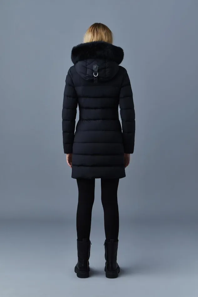 Puffers Women Mackage CALLA Agile360 Stretch Light Down Coat With Blue Fox Fur Collar Black