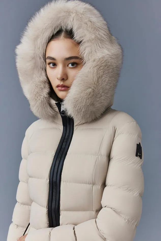 Puffers Women Mackage CALLA Agile360 Stretch Light Down Coat With Blue Fox Fur Collar Black