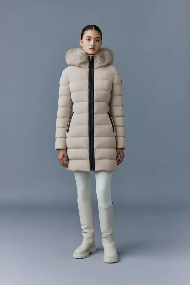 Puffers Women Mackage CALLA Agile360 Stretch Light Down Coat With Blue Fox Fur Collar Black