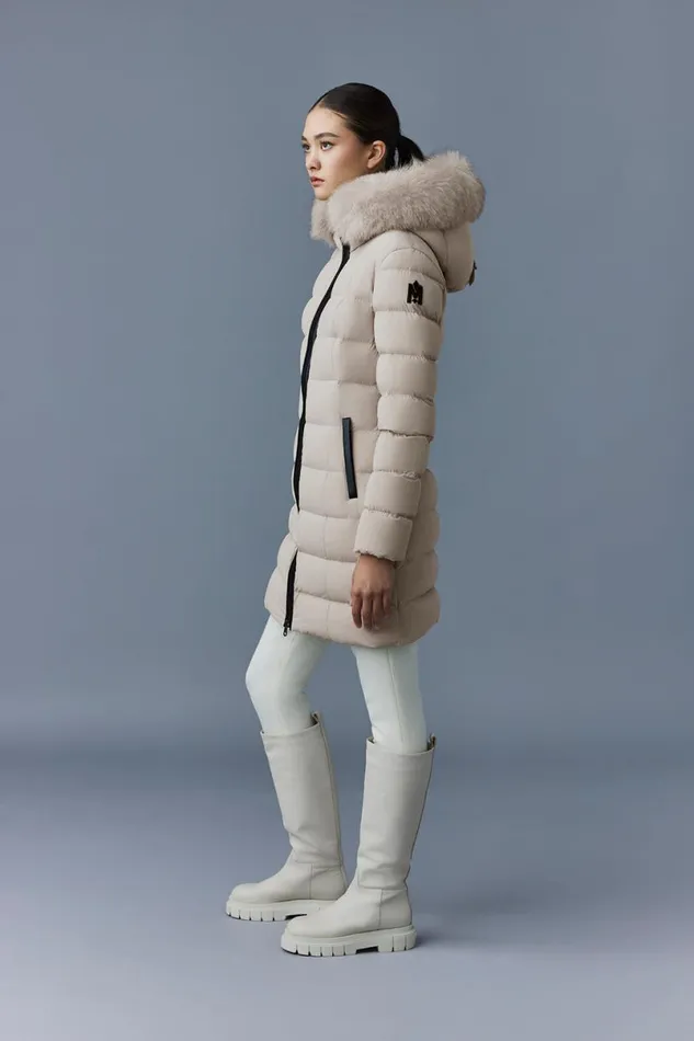Puffers Women Mackage CALLA Agile360 Stretch Light Down Coat With Blue Fox Fur Collar Black