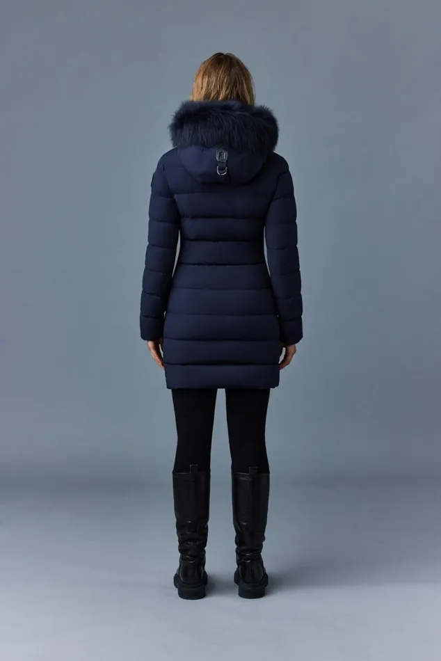 Puffers Women Mackage CALLA Agile360 Stretch Light Down Coat With Blue Fox Fur Collar Black