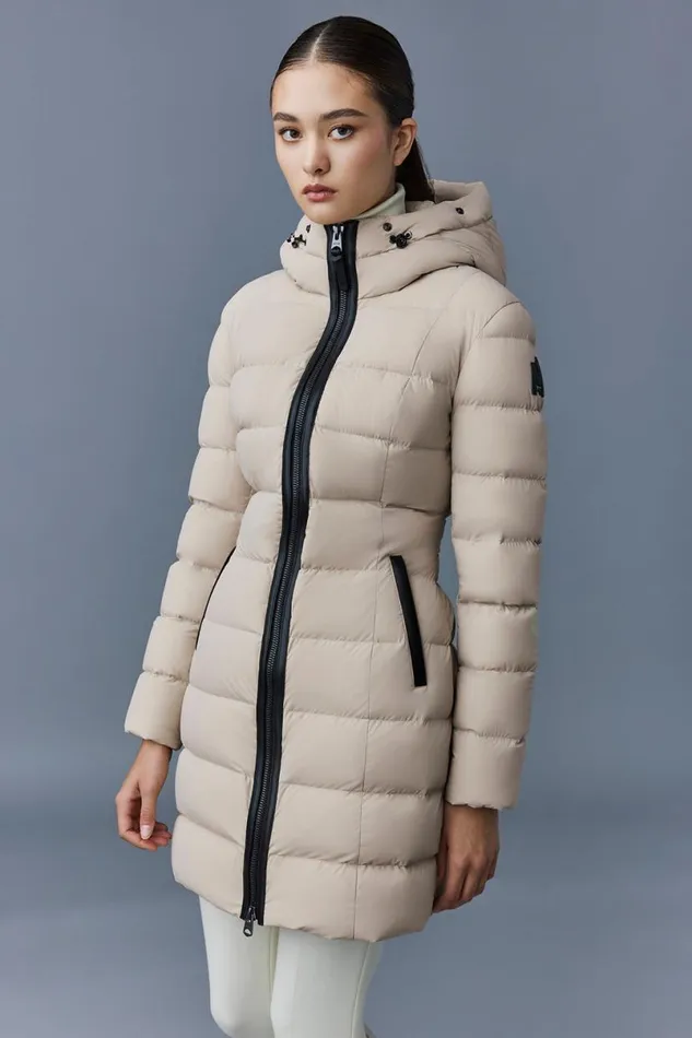 Puffers Women Mackage CALLA Agile360 Stretch Light Down Coat With Blue Fox Fur Collar Black