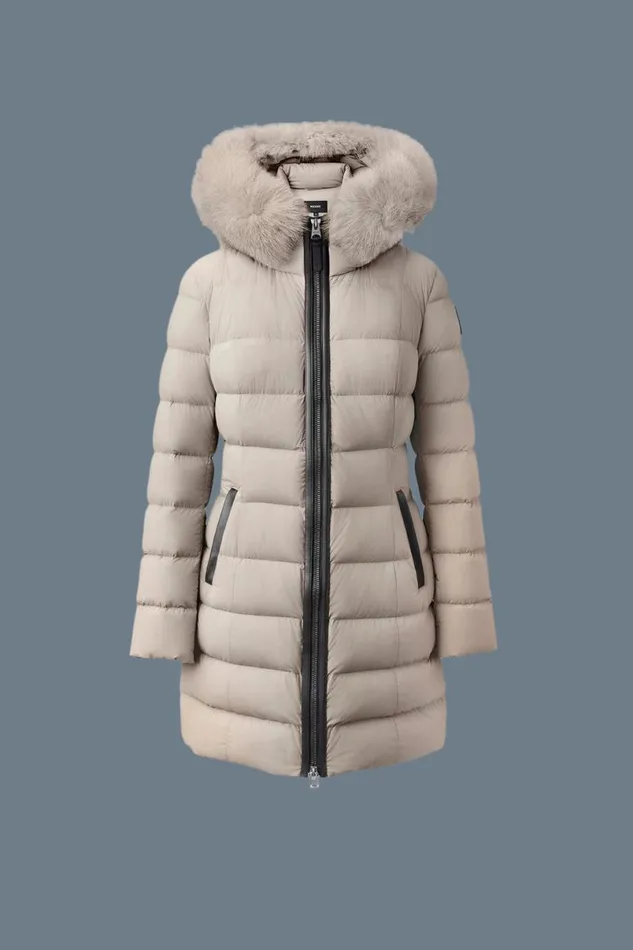 Puffers Women Mackage CALLA Agile360 Stretch Light Down Coat With Blue Fox Fur Collar Black