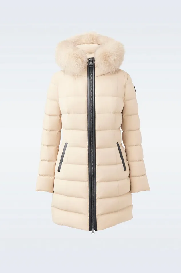 Puffers Women Mackage CALLA Agile360 Stretch Light Down Coat With Blue Fox Fur Collar Black