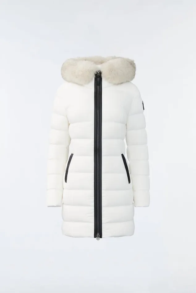 Puffers Women Mackage CALLA Agile360 Stretch Light Down Coat With Blue Fox Fur Collar Black