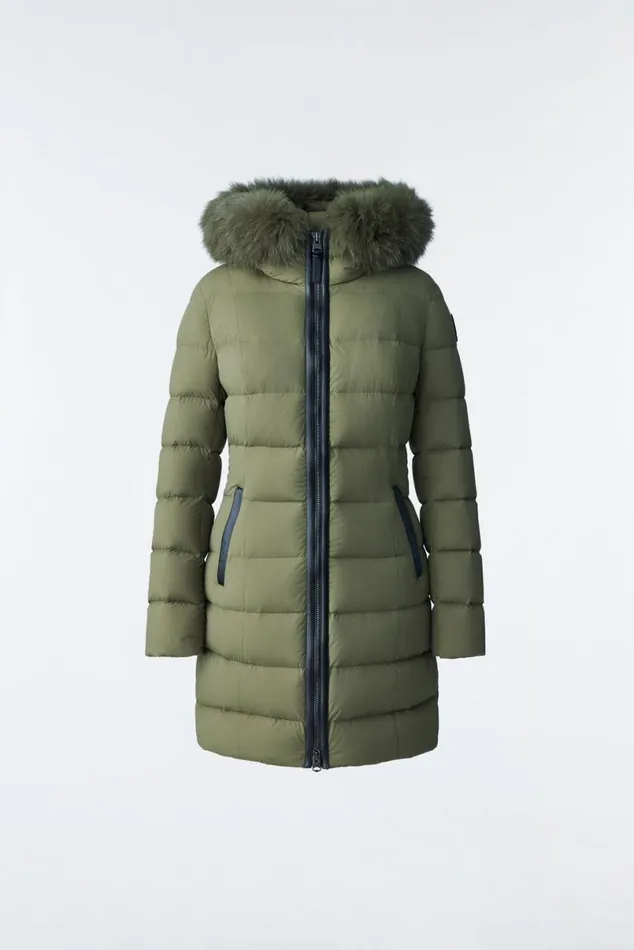 Puffers Women Mackage CALLA Agile360 Stretch Light Down Coat With Blue Fox Fur Collar Black