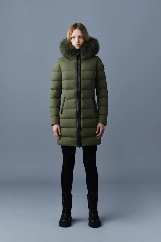 Puffers Women Mackage CALLA Agile360 Stretch Light Down Coat With Blue Fox Fur Collar Black
