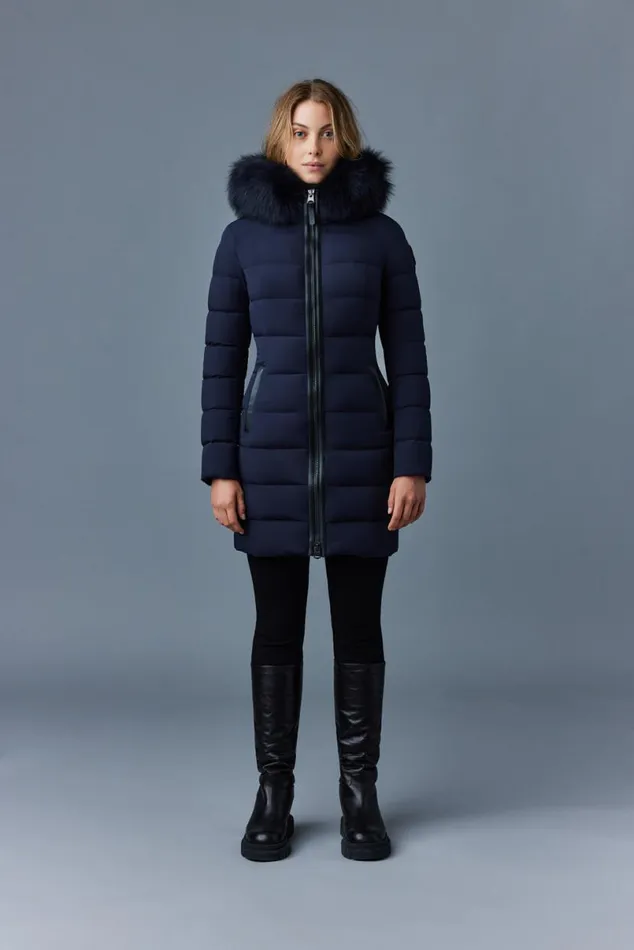 Puffers Women Mackage CALLA Agile360 Stretch Light Down Coat With Blue Fox Fur Collar Black