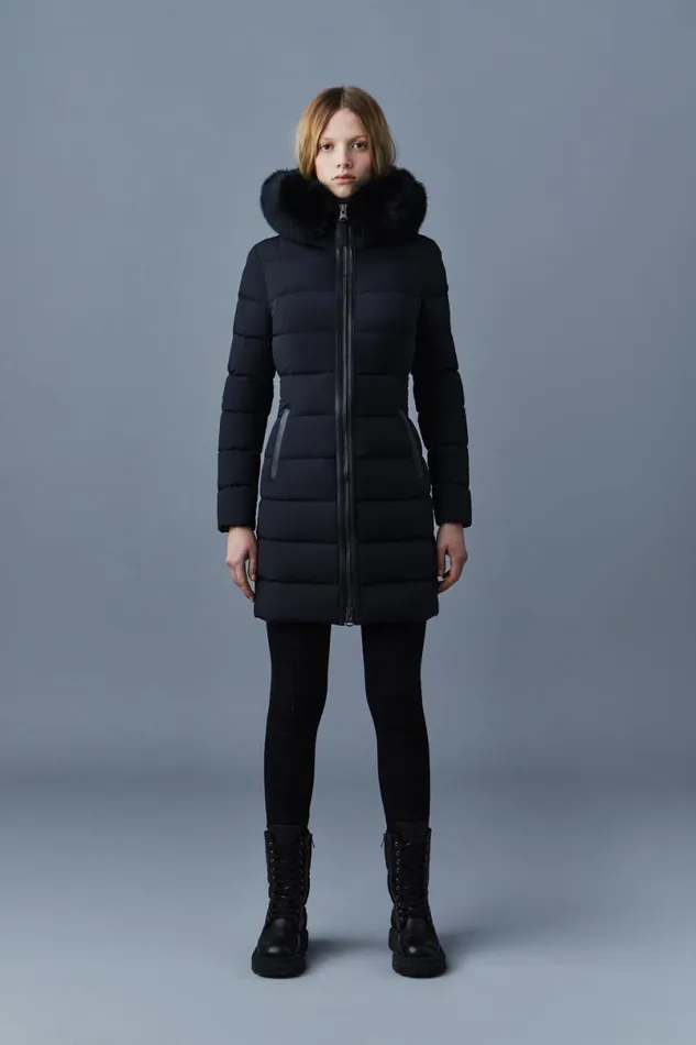Puffers Women Mackage CALLA Agile360 Stretch Light Down Coat With Blue Fox Fur Collar Black