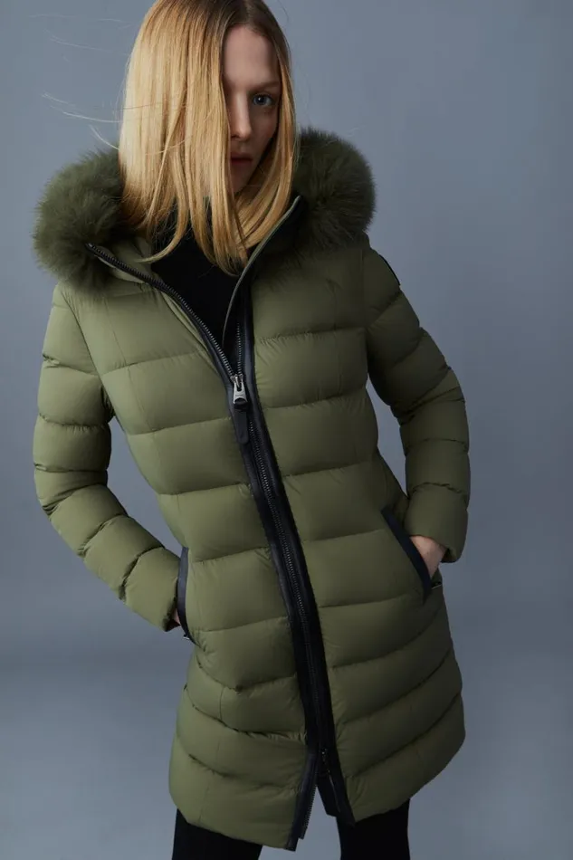 Puffers Women Mackage CALLA Agile360 Stretch Light Down Coat With Blue Fox Fur Collar Black