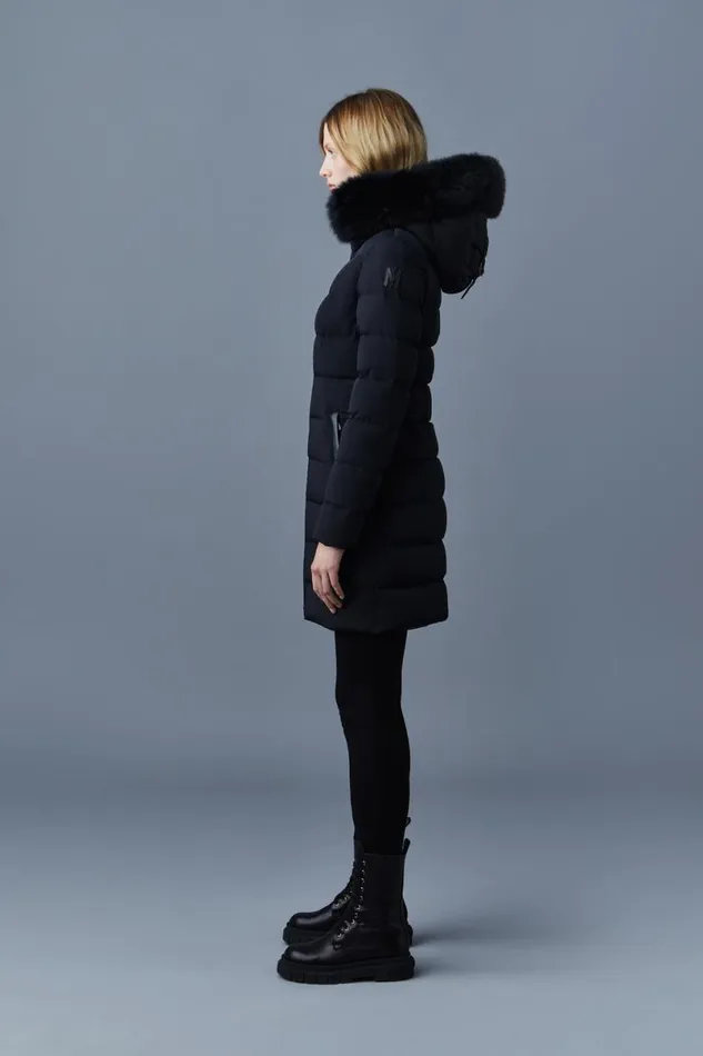 Puffers Women Mackage CALLA Agile360 Stretch Light Down Coat With Blue Fox Fur Collar Black