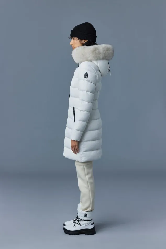 Puffers Women Mackage CALLA Agile360 Stretch Light Down Coat With Blue Fox Fur Collar Black