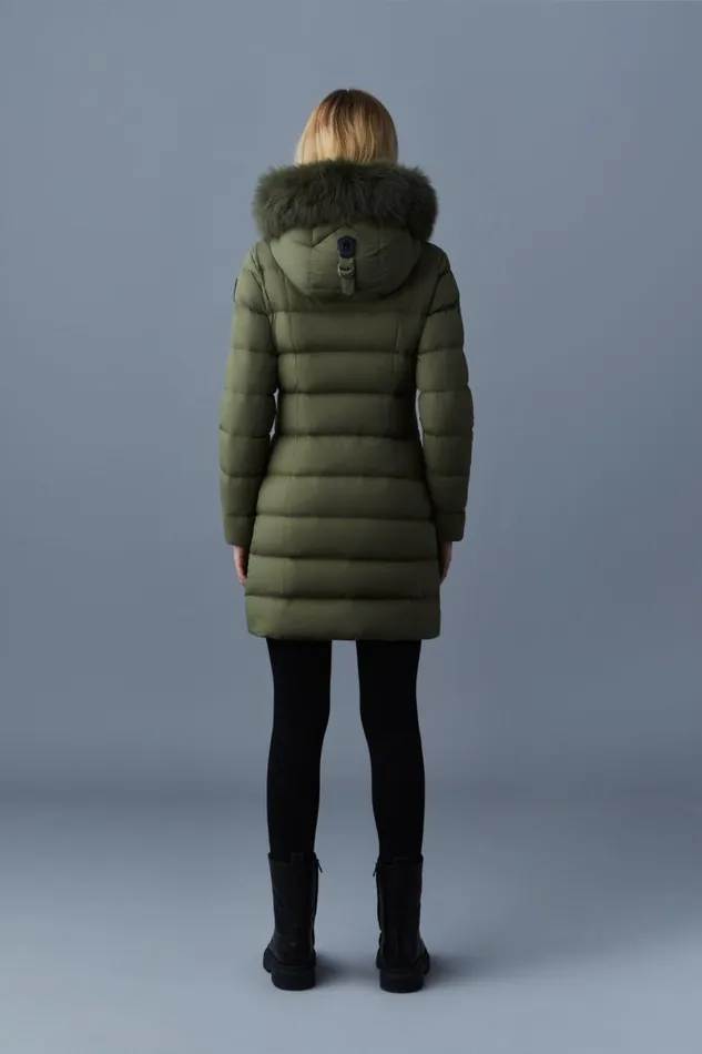 Puffers Women Mackage CALLA Agile360 Stretch Light Down Coat With Blue Fox Fur Collar Black